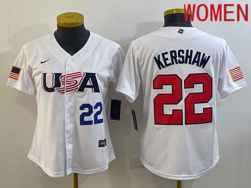 Women 2023 World Cub USA 22 Kershaw White Nike MLB Jersey4